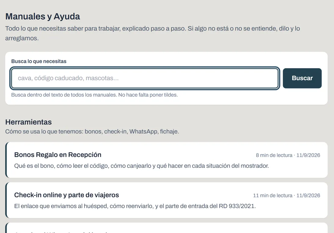 Manuales y ayuda: buscador y guías de bonos regalo, check-in online, WhatsApp del hotel y fichaje