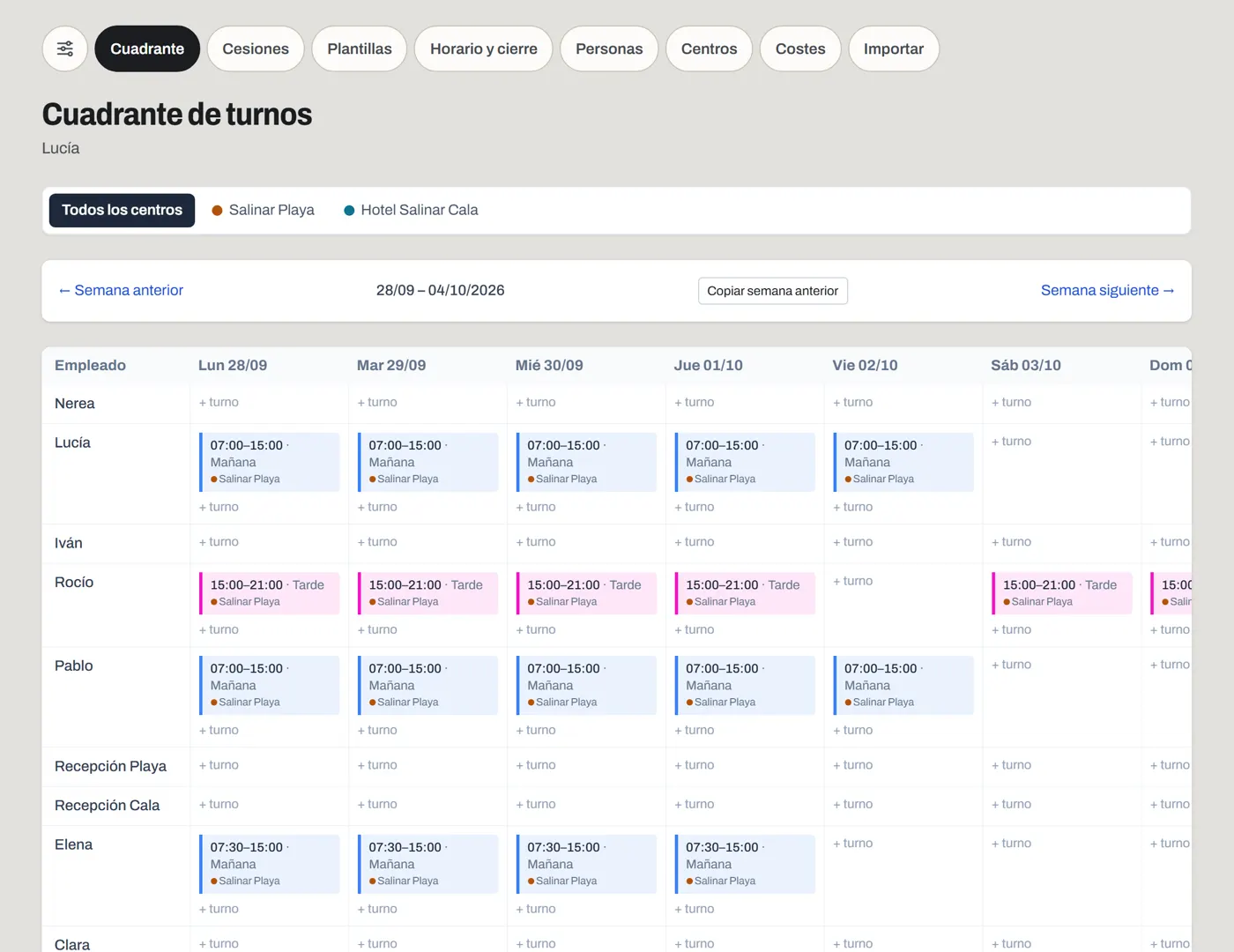 Cuadrante de turnos semanal por empleado y centro de trabajo