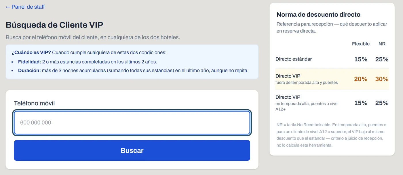 Búsqueda de cliente VIP por teléfono y tabla de descuentos en reserva directa