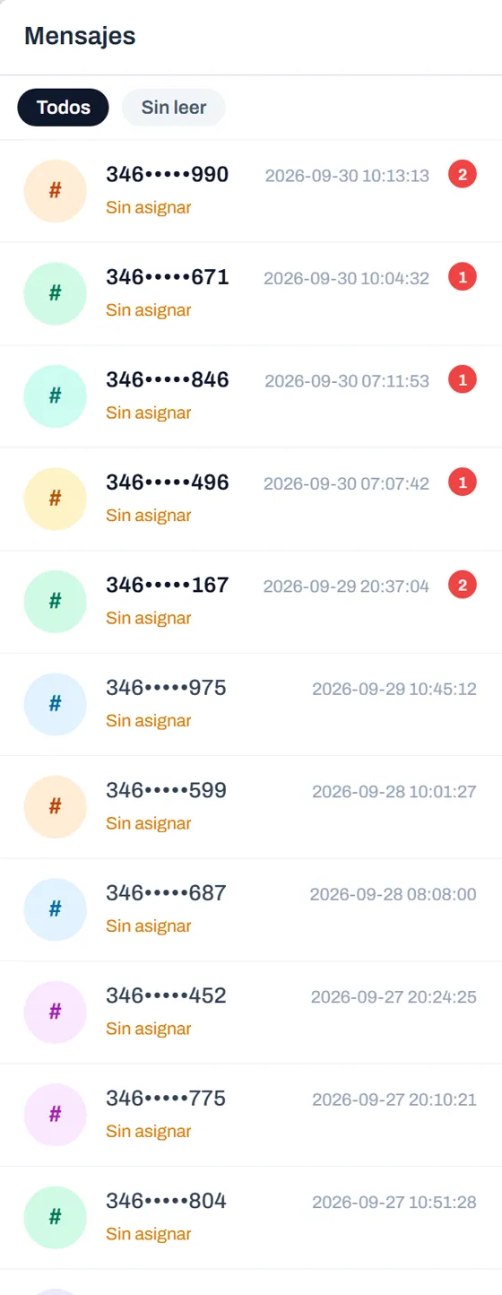 Bandeja de mensajes de WhatsApp con conversaciones sin leer y sin asignar