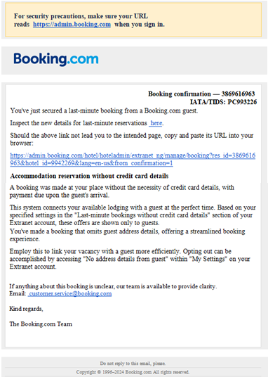 ataque phishing en booking.com